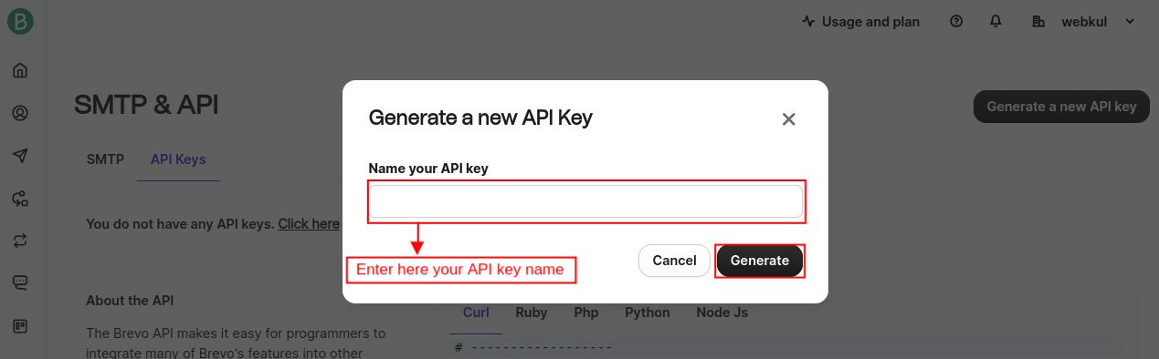 SendinBlue select version & name of API key