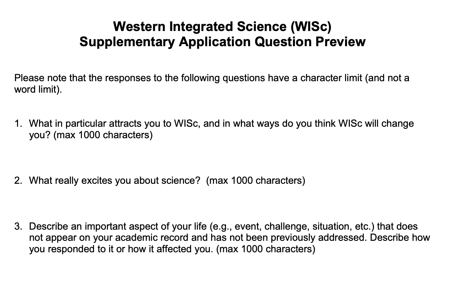 Western Integrated Science (WISc) Supplementary Application Questions