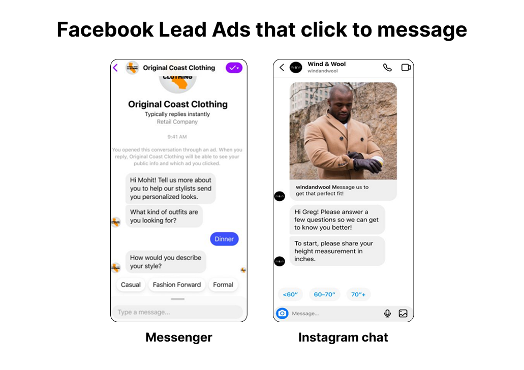 Examples of Facebook Lead Ads that click to message