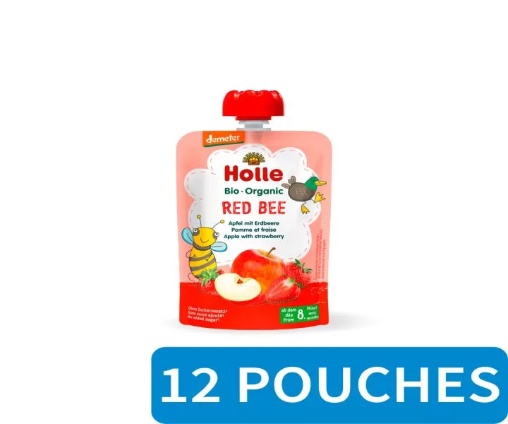 A red pouch of Holle Bio-Organic Red Bee baby food featuring apple and strawberry puree, suitable for babies from 8 months, with a bee illustration on the front.