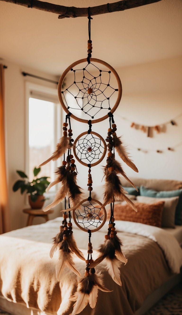 A bohemian dream catcher hangs above a cozy bedroom with warm lighting and earthy tones