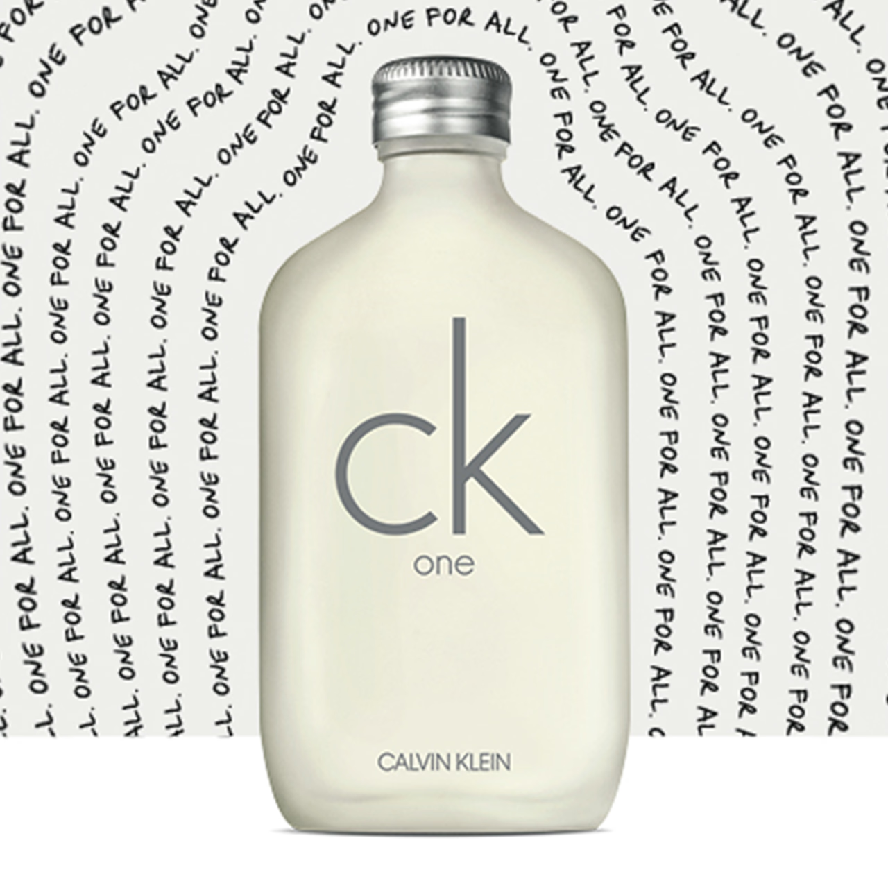 A frosted glass bottle of Calvin Klein CK One perfume with minimalist black text, placed against a background featuring the repeated phrase “One for All.”