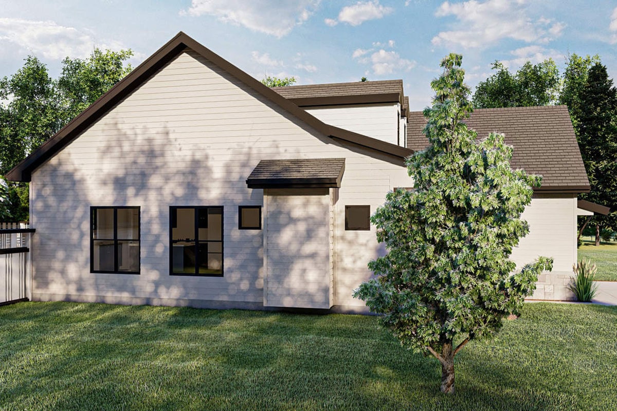 Rear rendering of the single-story 1-bedroom craftsman farmhouse.
