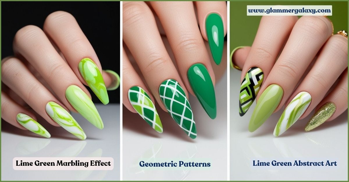 Three images of nails with artistic lime green designs, including marbling, geometric patterns, and abstract art.