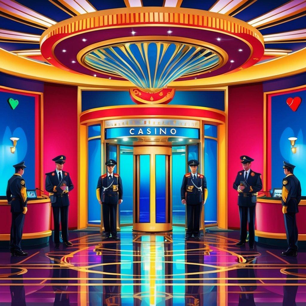 A vibrant casino entrance with security cameras and guards