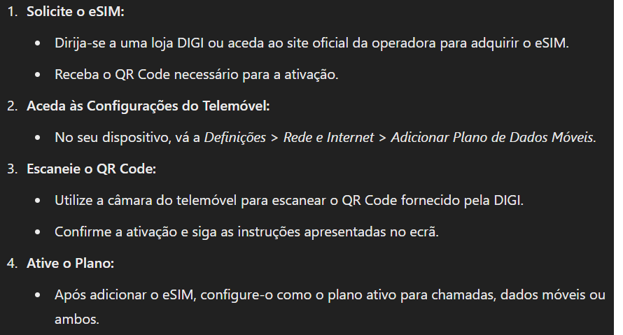 Passo a passo de ativação do eSIM da DIGI num telemóvel.