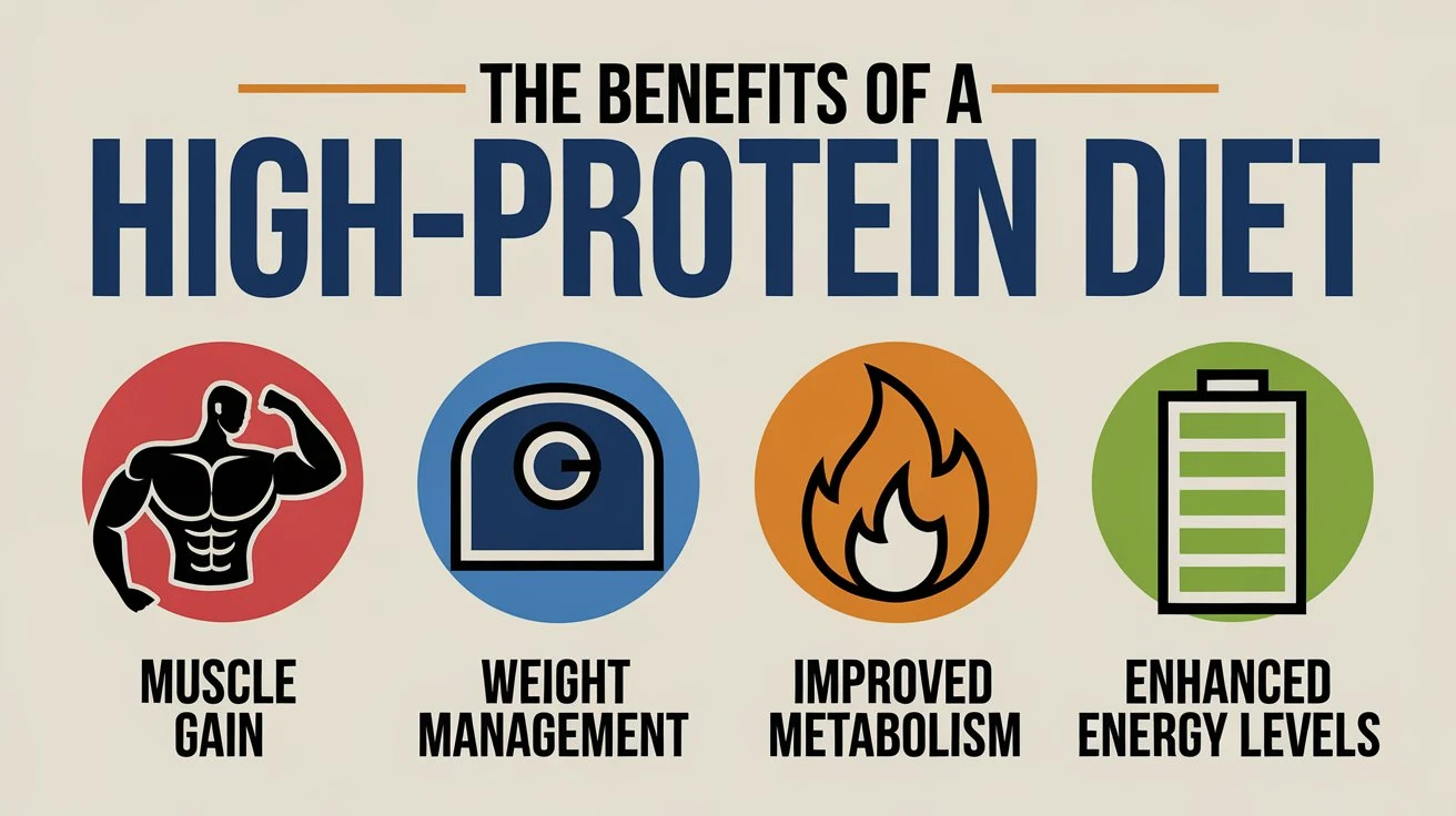 A digital infographic about the benefits of a high-protein diet, featuring icons for muscle gain, weight management, metabolism, and energy levels, with explanations for each