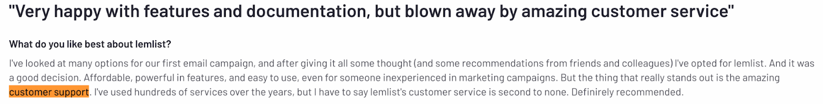 Positive user review on Lemlist's customer service