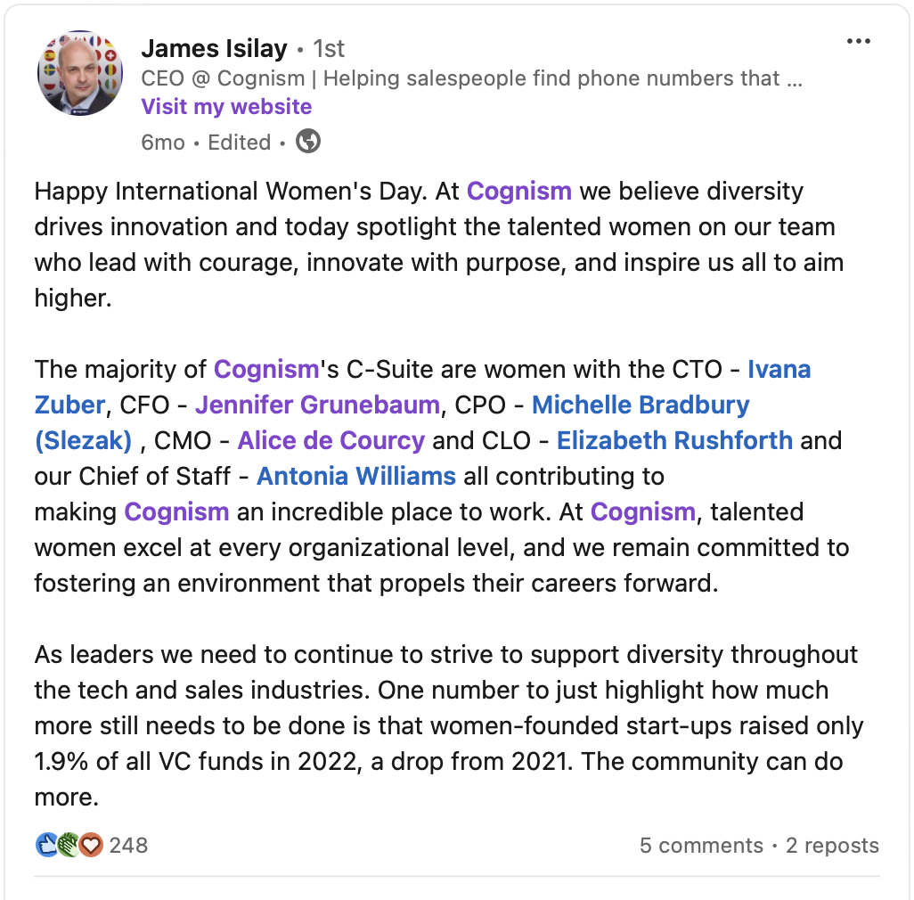 James Isilay LinkedIn post on celebrating international womens' day