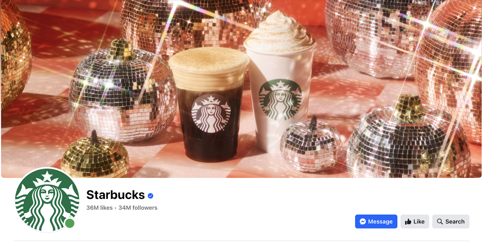 Starbuck's Facebook cover photo featuring disco balls in the shape of pumpkins and a couple beverages