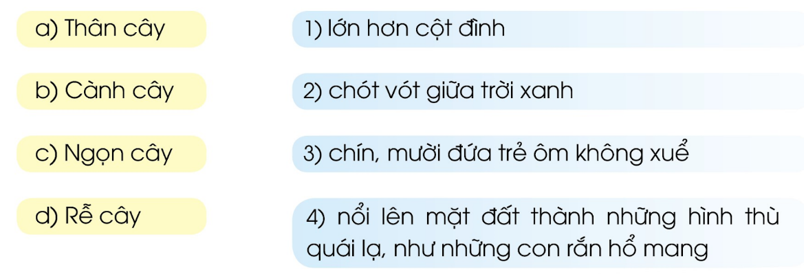 BÀI 27: ÔN TẬP GIỮA HỌC KÌ IITiết 1, 2Câu 1: Đọc các khổ thơ 2, 3, 4 và cho biết:a) Mỗi khổ thơ nói về những bộ phận nào của con voi?b) Bộ phận ấy có đặc điểm gì?c) Theo tác giả, vì sao bộ phận ấy có đặc điểm như vậy?Trả lời:a) Khổ thơ 2, 3, 4 nói về các bộ phận sau của con voi: vòi, chân, tai, ngà.b) - Vòi: dài, to    - Chân: rất dày    - Tai: to như cái quạt    - Ngà: dàic) Theo tác giả, những bộ phận có đặc điểm như vậy vì rùng cây xúm xít, lắm loại gai, lòng suối nhiều đá sắc, muỗi rừng nhiều và rừng có nhiều kẻ ác.Câu 2: Đọc khổ thơ 5 và cho biết:a) Theo tác giả, vì sao con voi có đuôi?b) Qua cách giải thích của tác giả, em thấy con voi giống ai?c) Em có cách giải thích nào khác không?Trả lời:a) Theo tác giả, con voi có đuôi vì ở rừng rất vắng vẻ, voi có đuôi dài làm đồ chơi.b) Qua cách giải thích của tác giả, em thấy con voi giống một đứa trẻ đang tự tạo niềm vui cho chính bản thân mình.c) Theo em con voi có đuôi vì nó giúp con voi có thể kéo thêm các vật nặng khác ngoài vòi hoặc để dọa nạt kẻ thù.Câu 3: Dựa vào bài thơ trên, nói 3 - 4 câu tả con voi.Trả lời:- Tả con voi.Ấn tượng đầu tiên của em khi nhìn thấy con voi là nó mới thật to làm sao. Chú lớn hơn hẳn so với những loài động vật khác. Chiều cao của em chắc chỉ bằng độ dài của chân chú thôi. Từng bộ phận của chú voi giống như mô tả của 5 vị thầy bói trong câu chuyện Thầy bói xem voi. Chú có 4 cái chân to như cái cột đình. Hai cái tai lớn lúc nào cũng phe phẩy như là cái quạt. Cái vòi của chúng thì dài giống như một con đỉa khổng lồ. Hai cái vòi thì dài và sắc nhọn. Cái đuôi thì dài thượt và rất dẻo giống như một chiếc roi mây. Trông con voi có vẻ to lớn là thế nhưng chú lạ vô cùng hiền dịu.Câu 4: Nghe - viết: Con vỏi con coi (2 khổ thơ đầu)Giải nhanh:Nghe - viếtTiết 5, 6Câu 1: Câu văn nào cho biết cây đa sống rất lâu?Trả lời:Câu văn cho biết cây đa sống rất lâu là: “Cây đa nghìn năm đã gắn liền với thời thơ ấu của chúng tôi.”Câu 2: Các bộ phận của cây đa được tả bằng những hình ảnh nào? Ghép đúng.Trả lời:Câu 3: Ngồi hóng mát dưới gốc đa, tác giả và bạn bè còn thấy những cảnh đẹp nào của quê hương?Trả lời:Ngồi hóng mát dưới gốc đa, tác giả và bạn bè còn thấy những cảnh đẹp của quê hương như: lúa vàng gợn sóng, cánh đồng, đàn trâu.Câu 4: Đặt câu hỏi cho bộ phận câu in đậm:a) Lúa vàng gợn sóng.b) Cành cây lớn hơn cột đình.c) Đám trẻ ngồi dưới gốc đa hóng mát.Giải nhanh:a) Lúa vàng như thế nào?b) Cành cây như thế nào?c) Đám trẻ như thế nào?Câu 5: Đặt câu theo mẫu Ai thế nào? để:a) Nói về cây đa trong bài học trên.b) Nói về tình cảm của tác giả với quê hương.Trả lời:- Đặt câu theo mẫu Ai thế nào? để:a) Nói về cây đa trong bài học trên: Cây đa đã gắn liền với thời thơ ấu của chúng tôi.b) Nói về tình cảm của tác giả với quê hương: Tôi yêu quê hương của mình biết bao nhiêu.Tiết 7, 8Câu 1: Nghe, kể lại mẩu chuyện sau:Giải nhanh:Nghe, kể lại chuyệnCâu 2. Em cần đặt dấu chấm vào những chỗ nào để ngắt đoạn văn sau thành 3 câu? Chữ đầu câu cần viết như thế nào?Con mèo rơi từ gác cao đến đâu cũng đặt được cả bốn chân xuống trước con chó chỉ cần đánh hơi cũng biết người xa lạ, người quen chim bồ câu dù thả xa nhà hàng chục ngày đường, vẫn bay được về đúng cái tổ có hai lỗ cửa tròn treo lưng cau nhà mình.Theo TÔ HOÀIGiải nhanh:Con mèo rơi từ gác cao đến đâu cũng đặt được cả bốn chân xuống trước. Con chó chỉ cần đánh hơi cũng biết người xa lạ, người quen. Chim bồ câu dù thả xa nhà hàng chục ngày đường, vẫn bay được về đúng cái tổ có hai lỗ cửa tròn treo lưng cau nhà mình.Tiết 9, 10