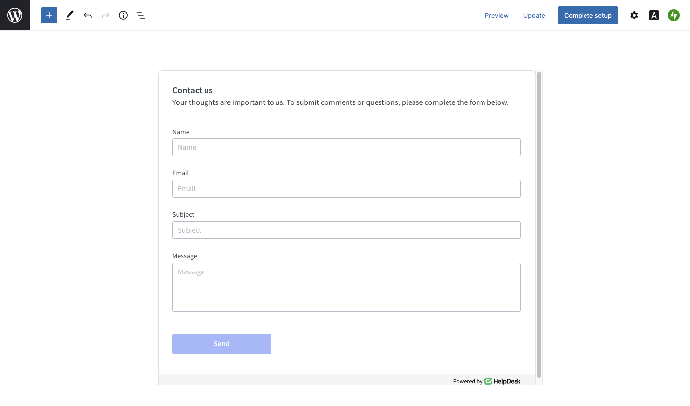 The preview of a contact form on WordPress.