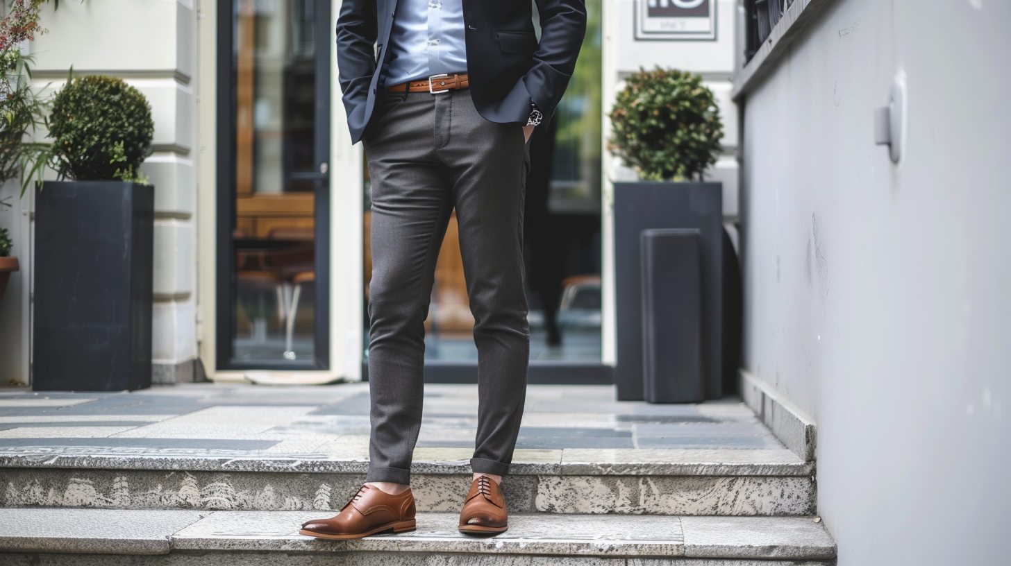 Man in a black suit jacket with grey trousers, light blue shirt, and dark brown shoes, smart semi-formal look ideal for office or dinner events.