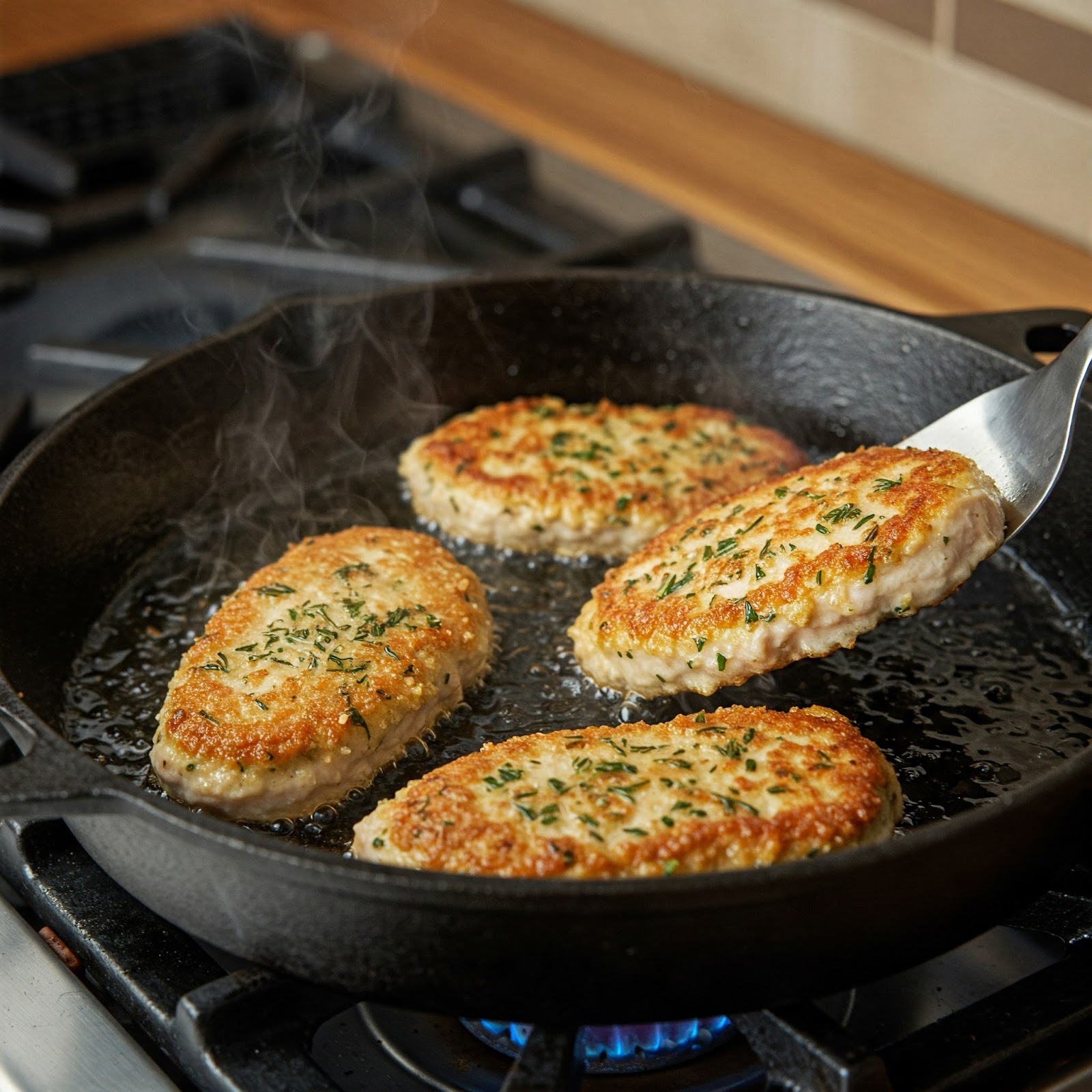 turkey cutlets being fried in a pan