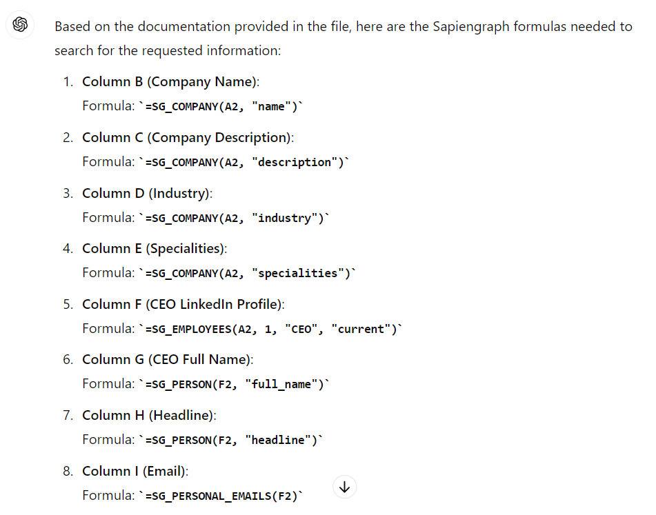 ChatGPT writing Sapiengraph formulas for data enrichment