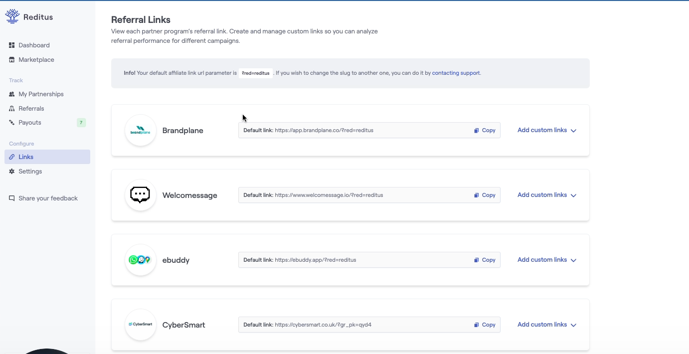 Screenshot from Reditus link management interface for affiliates.
