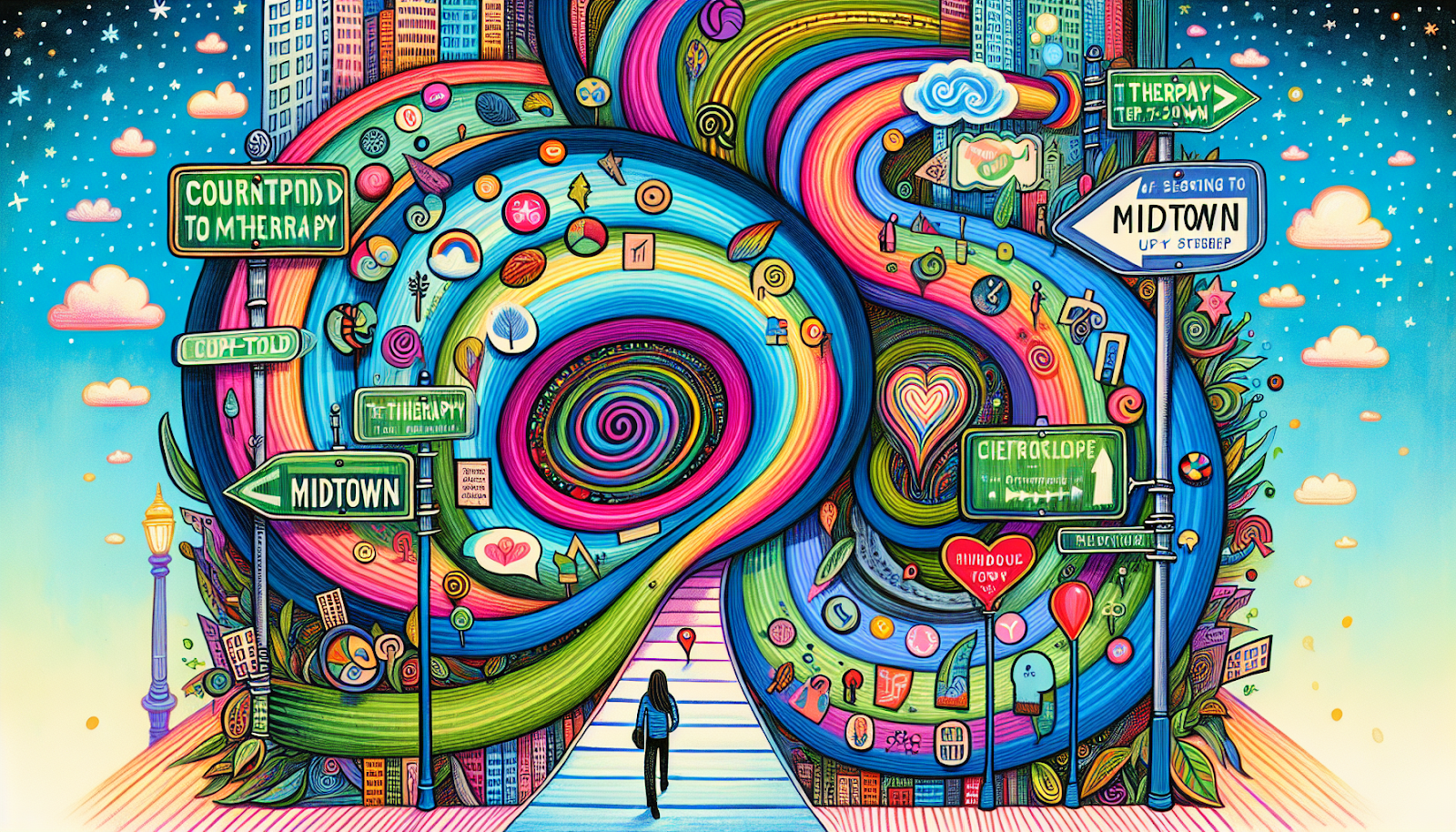 An illustration of a person searching for an EMDR therapist in Midtown, symbolizing the journey to find help.