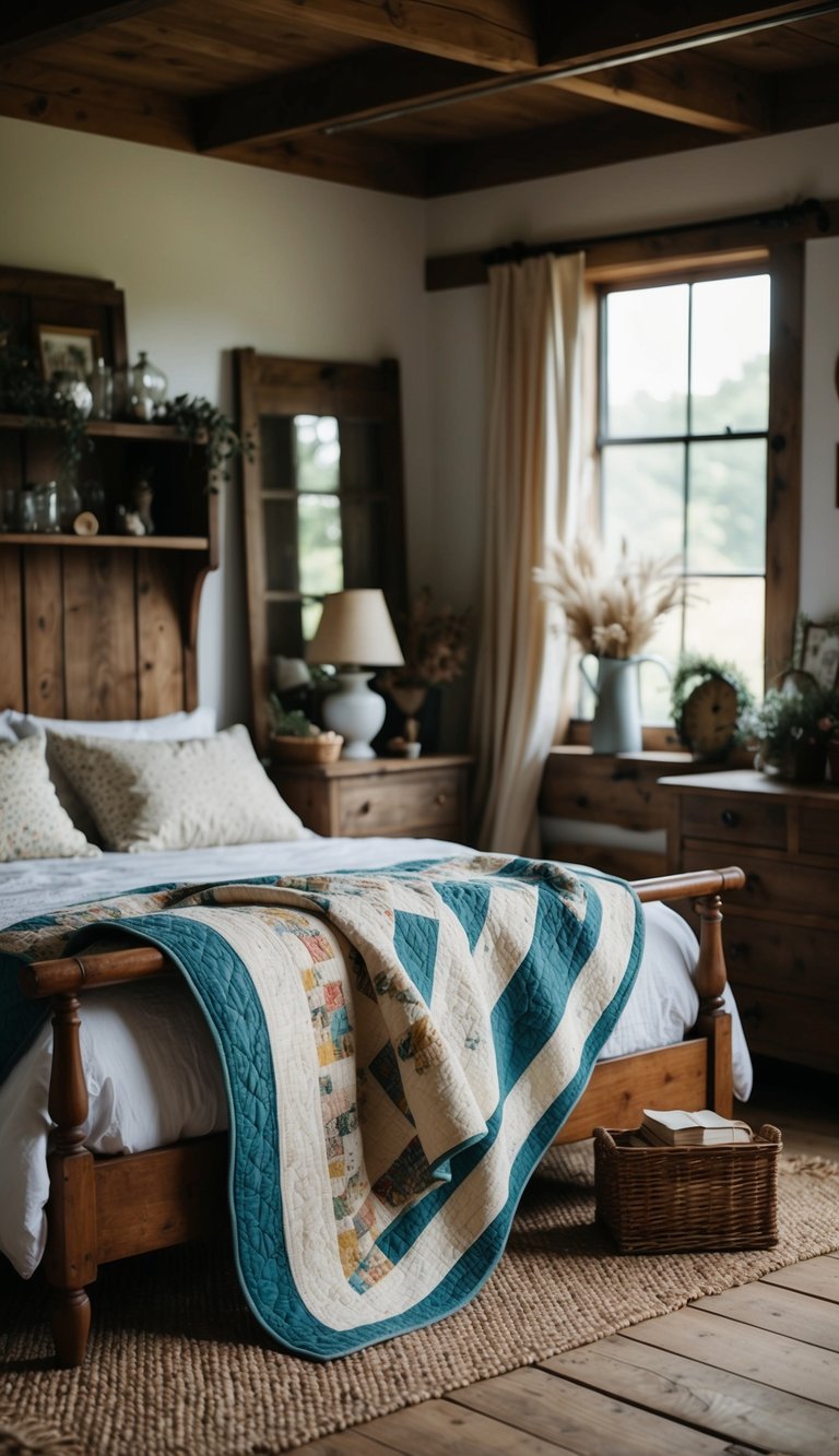 A cozy farmhouse bedroom with antique quilts draped over a wooden bed frame, surrounded by rustic decor and vintage furniture