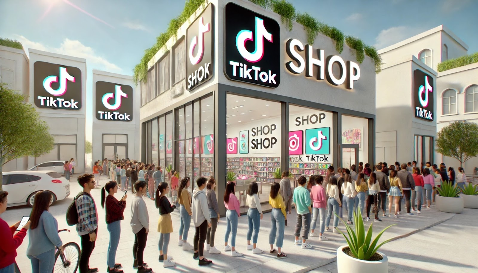 A TikTok Shop with a long line of shoppers waiting to go inside