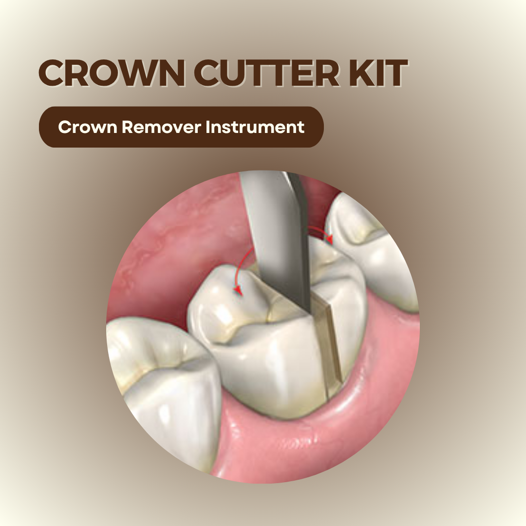 Mr. Bur Crown Cutter Kit for efficient crown removal, featuring hybrid and carbide burs with an instrument for safely cutting and separating zirconia, PFM, and e.max crowns.