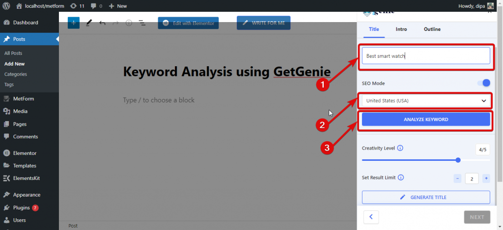 getGenie AI を使用してキーワードを分析をクリックします