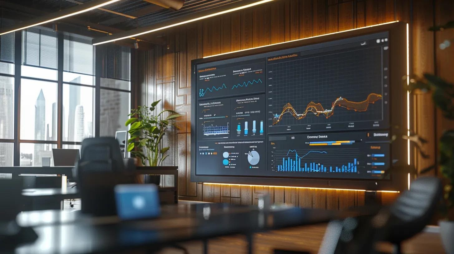 a sleek, modern office workspace showcases a large digital display highlighting a sophisticated site architecture diagram, with graphs illustrating improved seo metrics against a backdrop of minimalist design and warm ambient lighting.