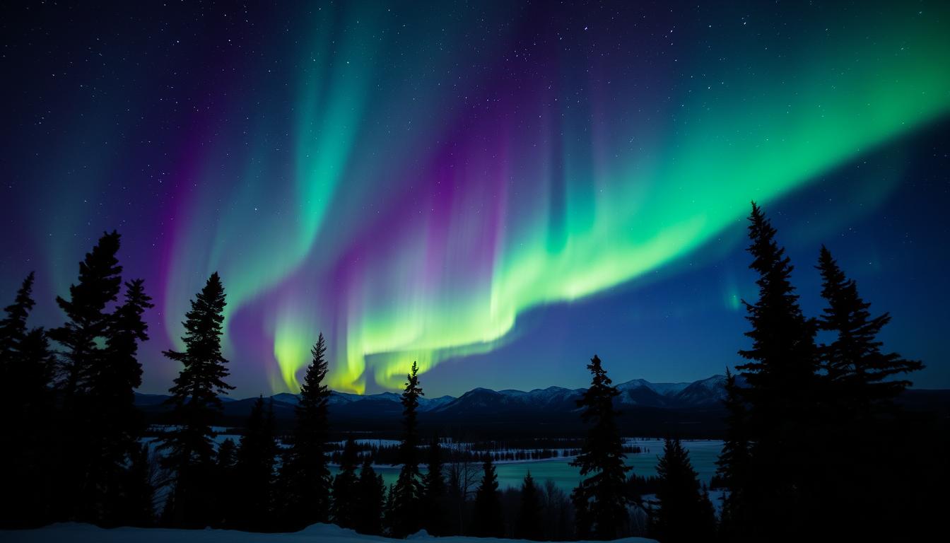 Spectacular aurora borealis display over a northern landscape, showing green and purple curtains of light