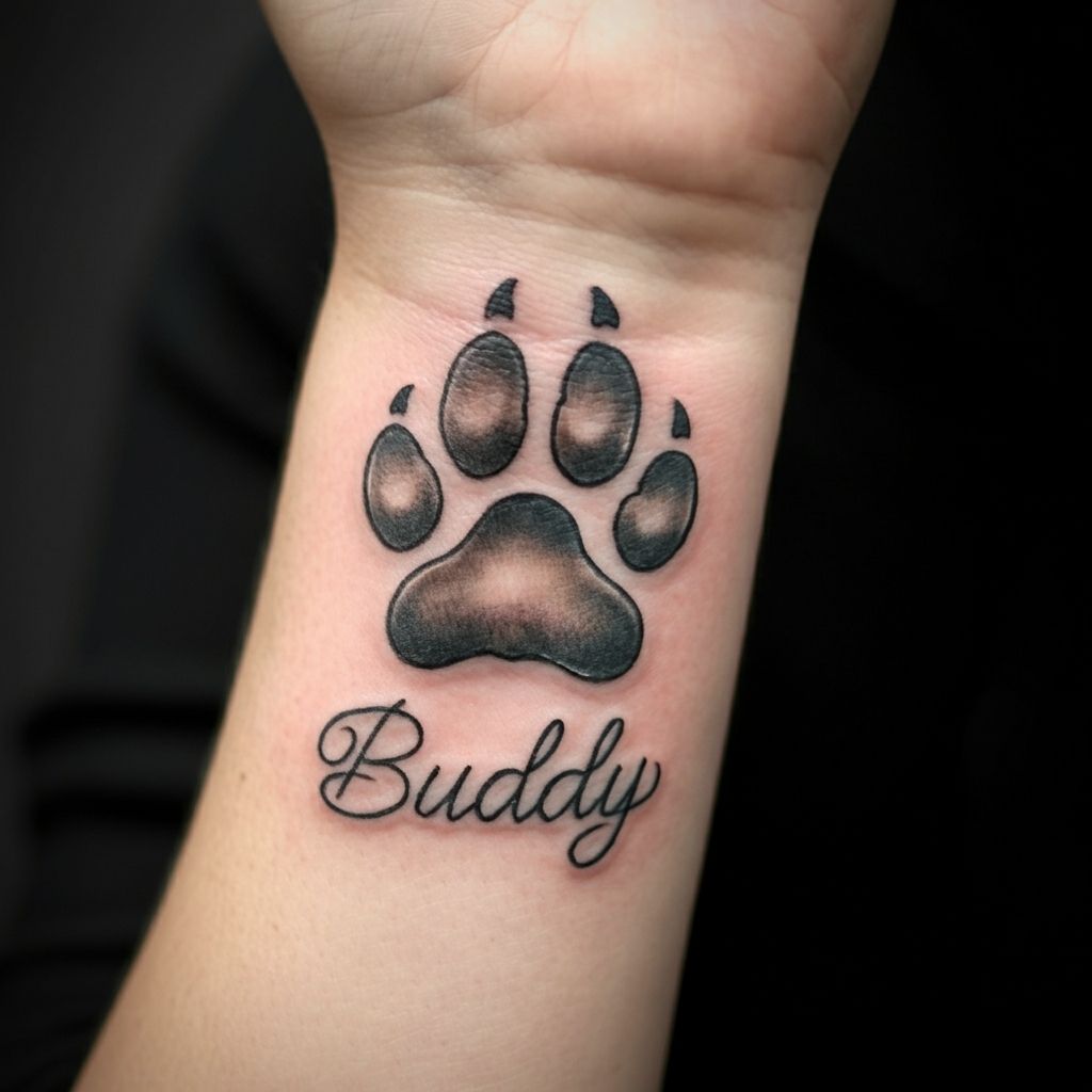 Labrador Paw Print with Name tattoo