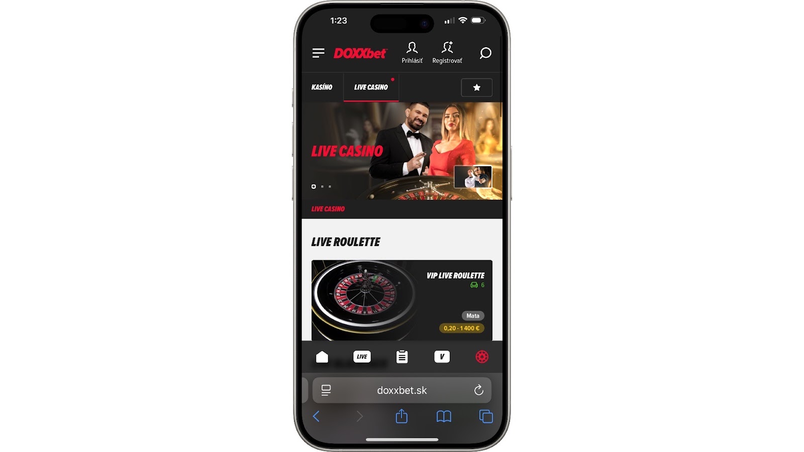 Mobilná verzia DOXXbet online kasína s ponukou Live Casina, živého ruletového stola a moderátormi v elegantnom oblečení na domovskej stránke.