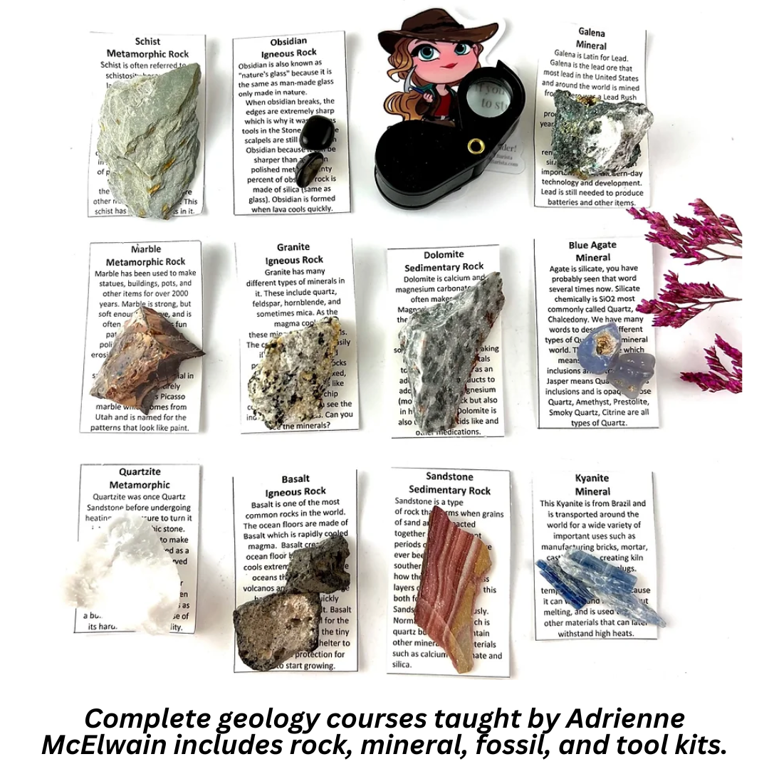 Complete geology courses taught by Adrienne McElwain includes rock, mineral, fossil, and tool kits