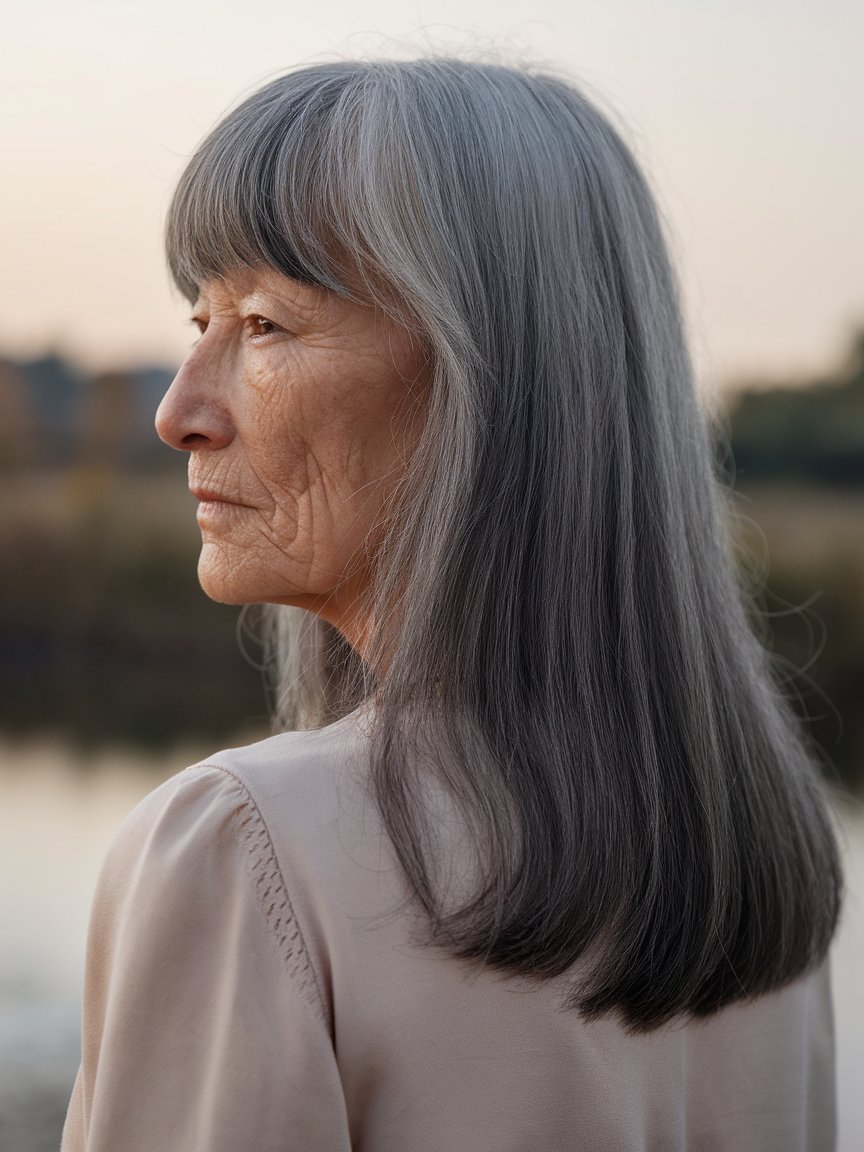 26. Straight Gray Hair with Curtain Bangs