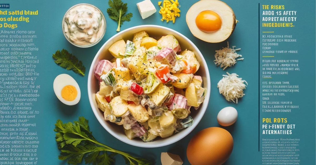 A magazine page featuring a bowl of pasta, eggs, and ingredients, highlighting the potential risks of feeding potato salad to dogs.