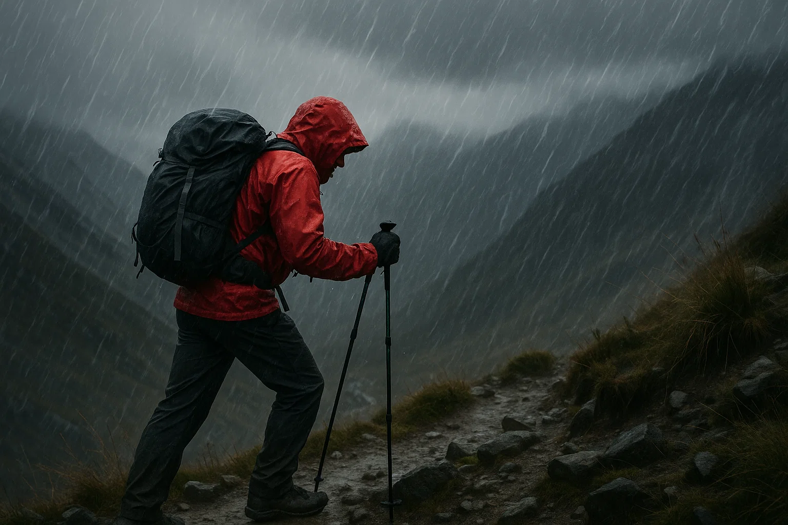 The image is of a man hiking in rainy or bad Weather. 