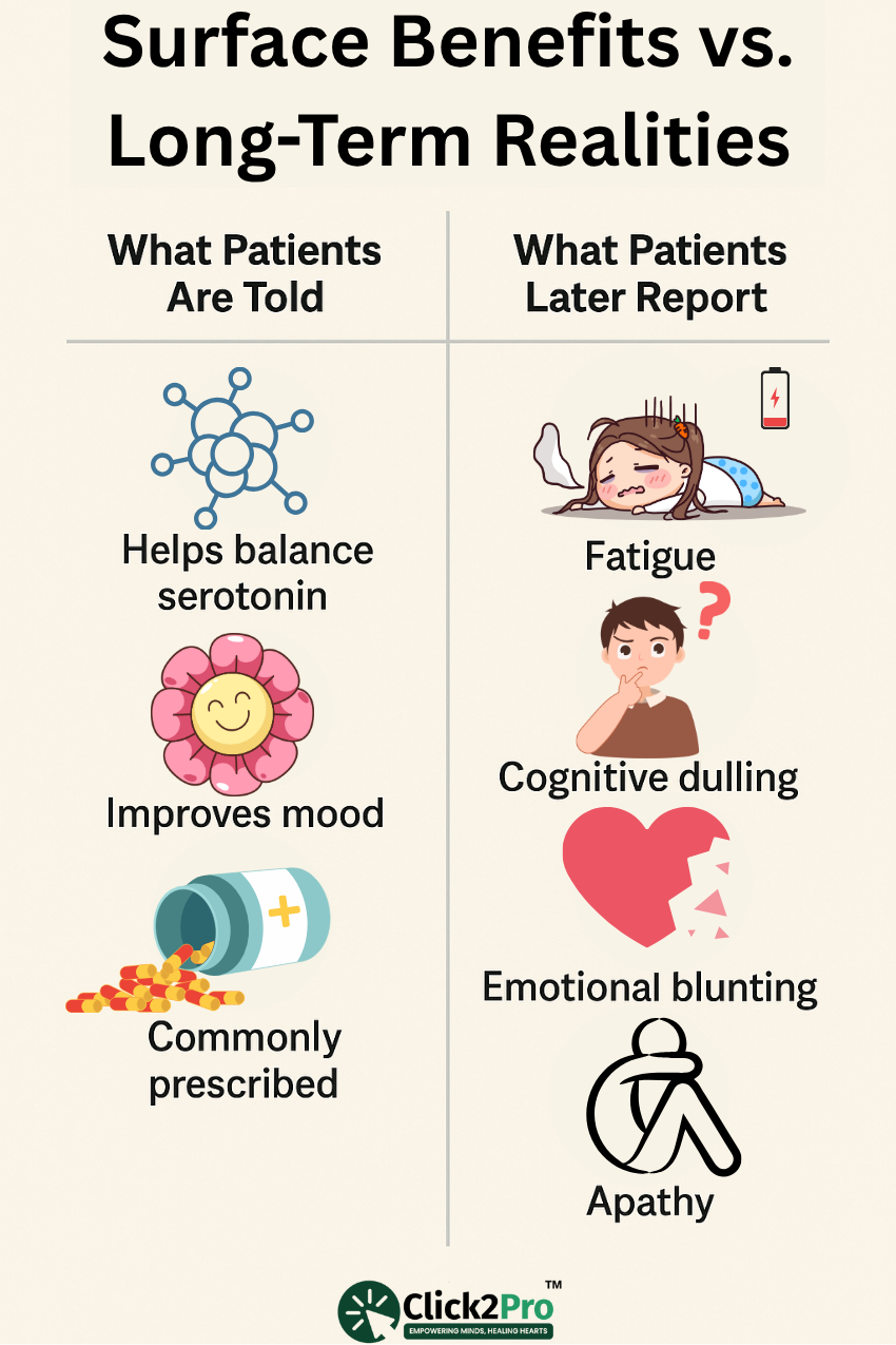 SSRI benefits vs long-term effects chart showing serotonin boost vs fatigue, apathy, and blunting.