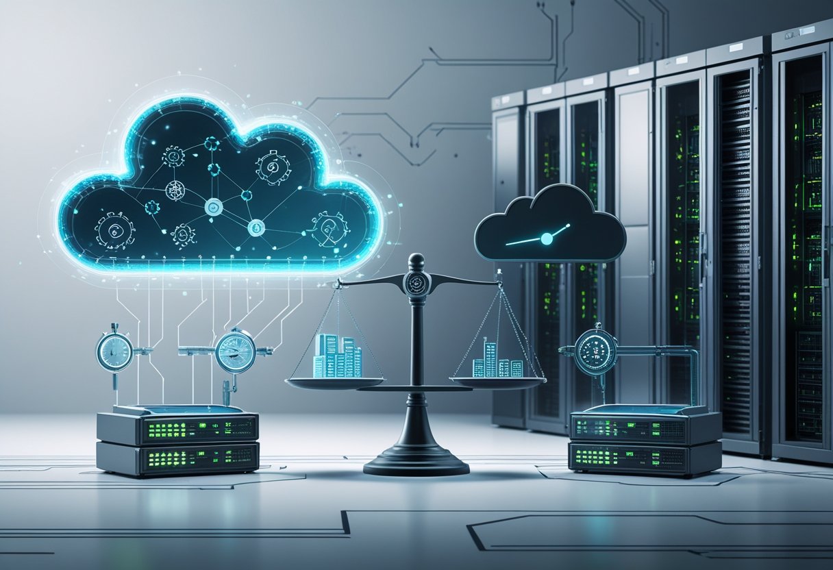 A balanced illustration showing cloud computing with digital cloud and data streams on one side, and physical server racks on the other, connected by a central scale representing a comparison between cloud and on-premise IT infrastructure.