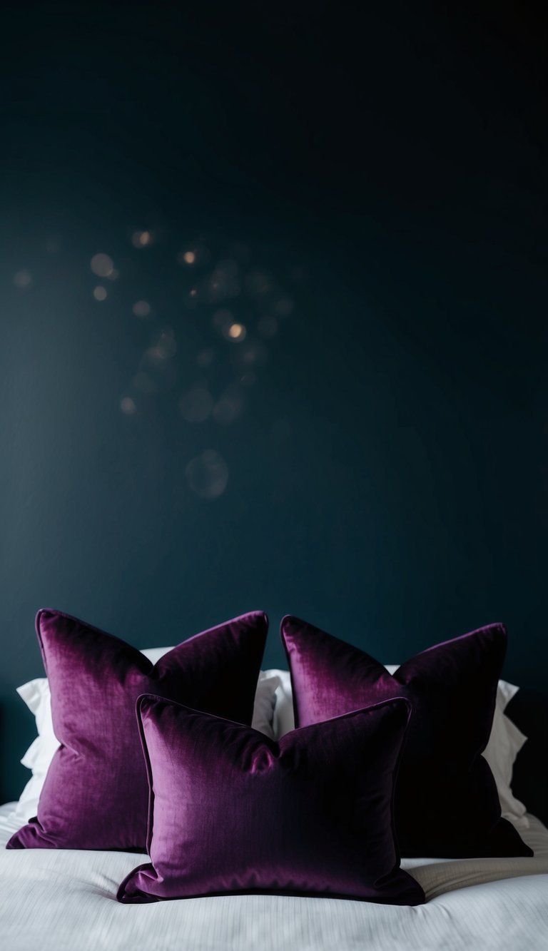 A dark, feminine bedroom with deep purple throw pillows on a 24-inch bed