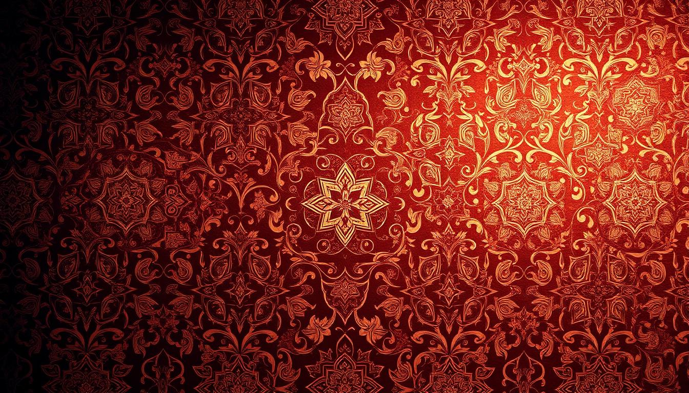 An ornate Islamic calligraphic pattern sprawls across the frame, rendered in the intricate batik style of Malaysian textiles. The calligraphic elements, formed from elegant arabesque flourishes, are overlaid with meticulously detailed geometric motifs in a harmonious composition. The patterns are rendered in a rich, earthy color palette of deep ochres, terracottas, and warm browns, evoking the natural hues of traditional batik dyes. Soft, diffused lighting casts dramatic shadows that accentuate the depth and texture of the design, creating an atmosphere of timeless, meditative beauty. The resulting image captures the blending of Islamic artistic influences and Malaysian cultural traditions.