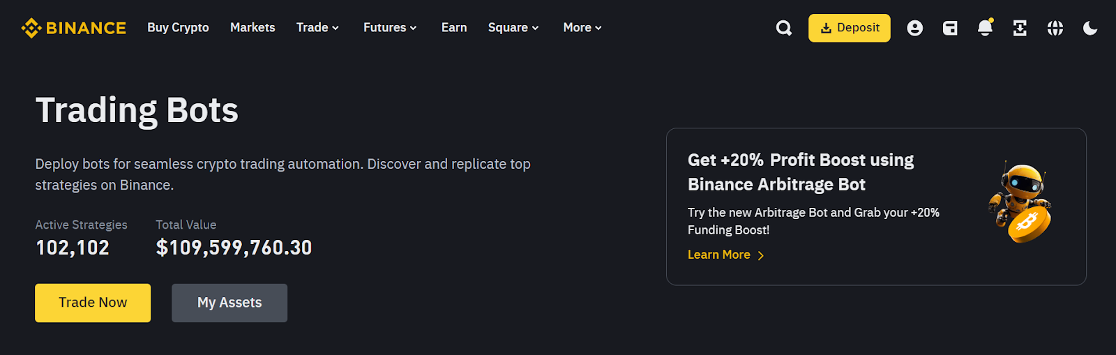 Binance Trading Bots page showcasing automated trading strategies, active strategies count, and total value, along with a promotion for a profit boost using Binance Arbitrage Bot.