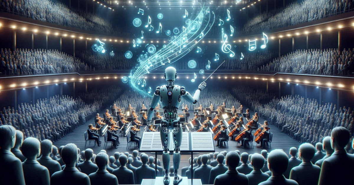 A robot conductor leading an orchestra in a futuristic concert hall filled with a large audience, with glowing musical notes swirling in the air.