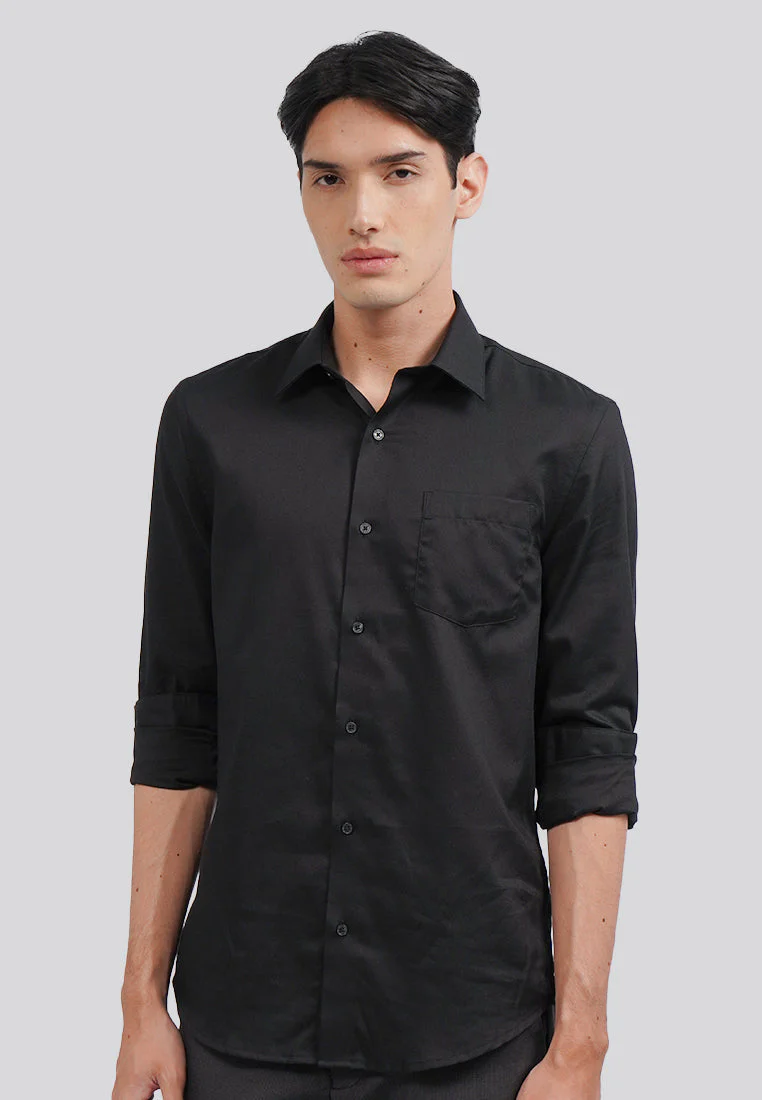 Slim Fit Long Sleeve Dobby Shirt Black