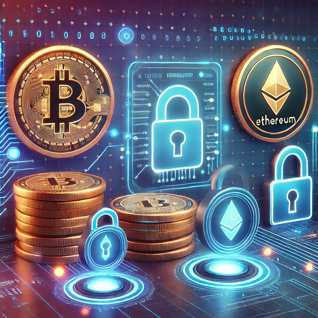 Interfaccia futuristica di casinò online con monete digitali, simboli di Bitcoin ed Ethereum e icone di lucchetti che rappresentano privacy e sicurezza. Lo sfondo presenta elementi digitali astratti e luci al neon, creando un'atmosfera di gioco moderna e high-tech.