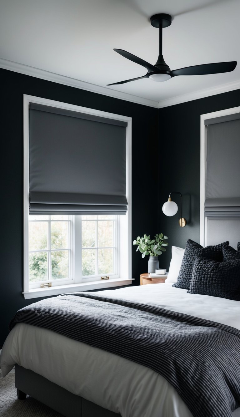 A cozy bedroom with pewter window blinds, featuring a color scheme of black and gray, creating a modern and sophisticated atmosphere