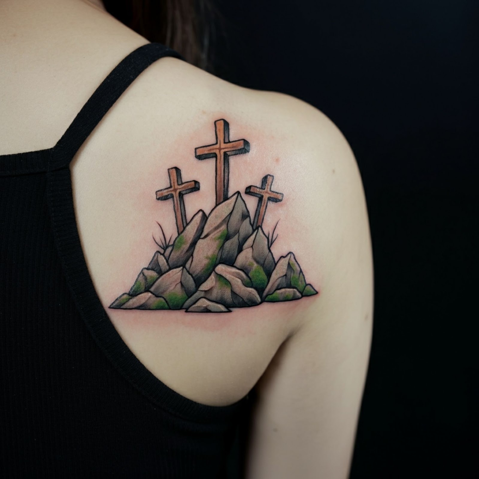 Three Crosses on a Rocky Hill Tattoo