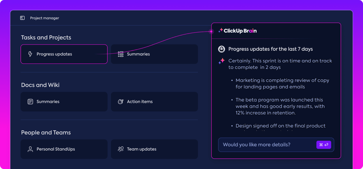 Vraag het aan AI en houd uw taken bij met ClickUp Brain_AI zoekmachine