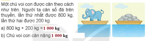 BÀI 73 ÔN TẬP ĐO LƯỜNGI.LUYỆN TẬP 1Câu 1: Tính.Đáp án chuẩn:a) 63 kg  57 kg 20 kg 3 kgb) 91 l   58 l 16 l  6 lc) 10 km   27 m  20 cm 4 dmCâu 2: Quan sát tranh rồi trả lời câu hỏi. Con mèo cân nặng mấy ki-lô-gam?Quả dưa cân nặng mấy ki-lô-gam? Đáp án chuẩn:Con mèo nặng 4 kg.Quả dưa nặng 2 kg.Câu 3: Có các can đựng đầy nước như sau: Đáp án chuẩn: 1 can 10 l và 1 can 2 l 1 can 2 l ; 1 can 3 l và 1 can 5 lCâu 4: Toán vui: Ngày xưa,muốn biết con voi cân nặng bao nhiêu người ta làm như sau:- Đưa con voi lên thuyền, sau đó xem vạch nước ở mạn thuyền, rồi đánh dấu vạch nước đó.- Đưa con voi lên bờ, sau đó xếp đá lên thuyền cho đến khi mạn thuyền vừa đúng vạch nước đã đánh dấu khi đưa con voi lên.- Cân số đá ở thuyền. Số đá cân nặn bao nhiêu thì con voi cân nặng bấy nhiêu.Số?Đáp án chuẩn:II.LUYỆN TẬP 2