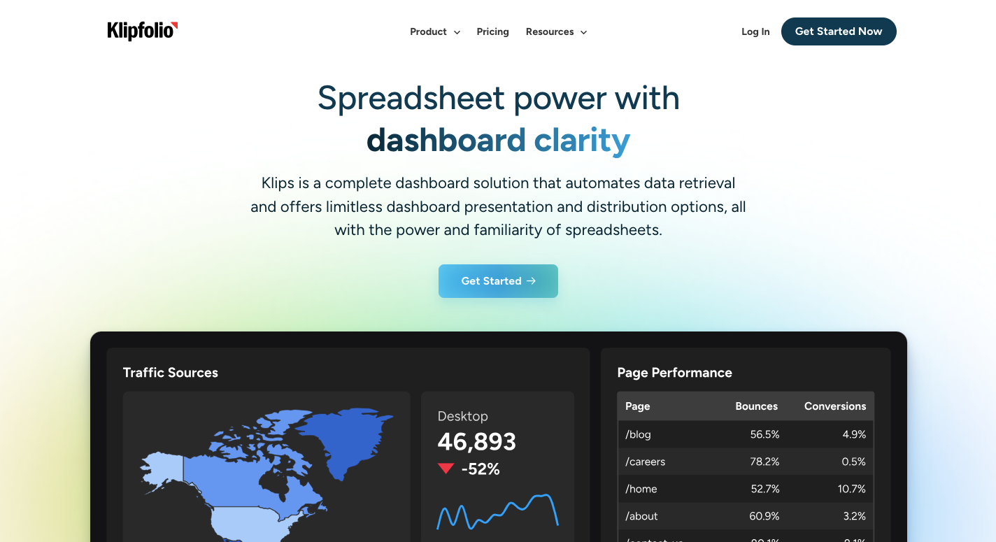 Klipfolio dashboard software interface showing traffic sources and page performance metrics for real-time reporting and spreadsheet-based analytics