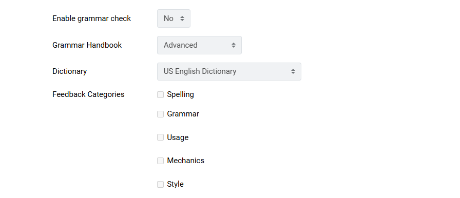 screen shot of enable grammar check options inside a Moodle assignment settings