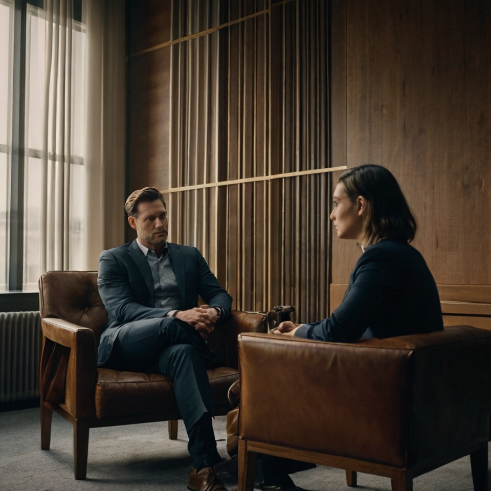 A man sitting confidently in a therapy session, illustrating the strength in seeking professional help during emotional recovery