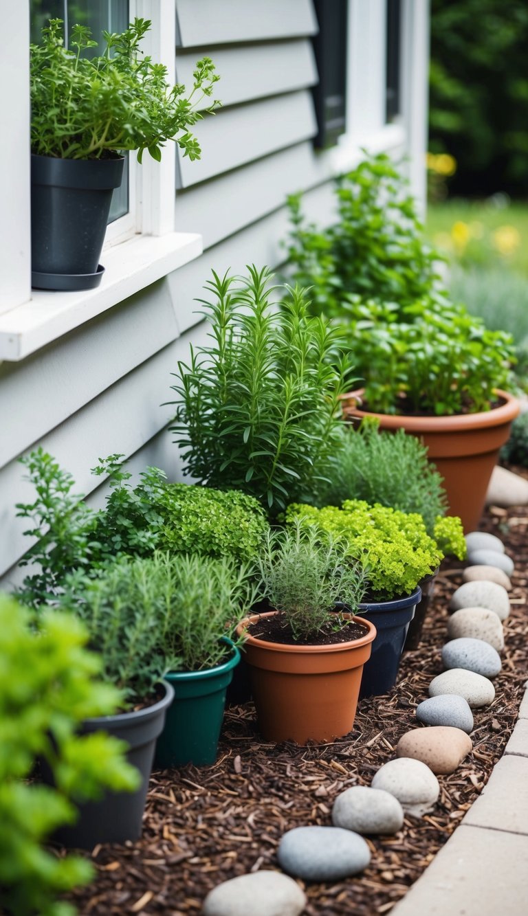 A small herb garden nestled against the side of a house, with neatly arranged pots of various herbs and small shrubs, surrounded by decorative stones and mulch