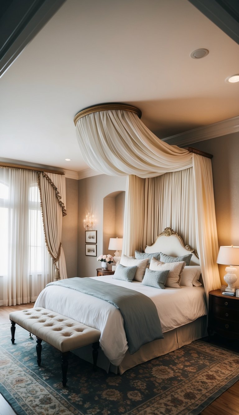 A luxurious master bedroom with a canopy bed draped in flowing fabric, soft lighting, and romantic decor